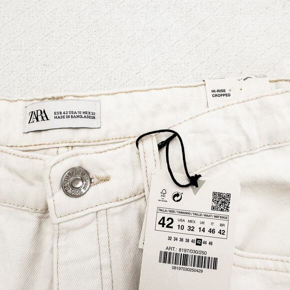 Zara Hi-Rise Cropped Straight Denim Jeans Off White Cream Size 42 US 10 - Picture 4 of 9